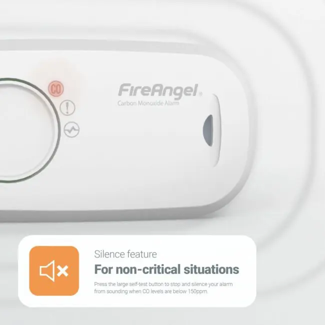 Close-up of a FireAngel FA3313x4 carbon monoxide alarm with highlighted silence feature.