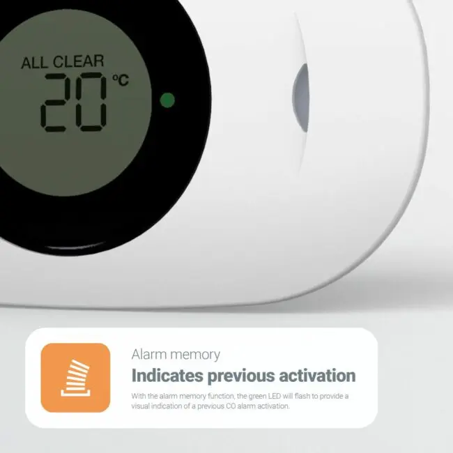 FA3322 digital display shows ALL CLEAR 20°C, features alarm memory info below.