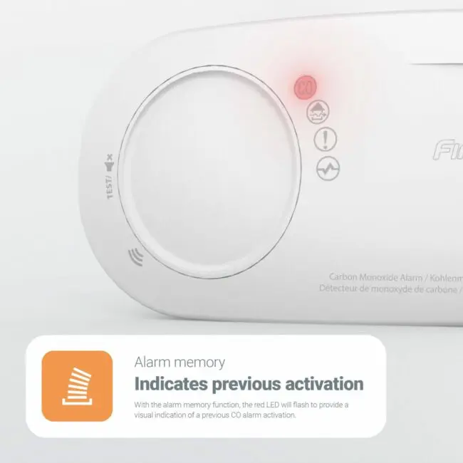 Close-up of FA3328-EUT CO alarm with red LED showing earlier CO detection.