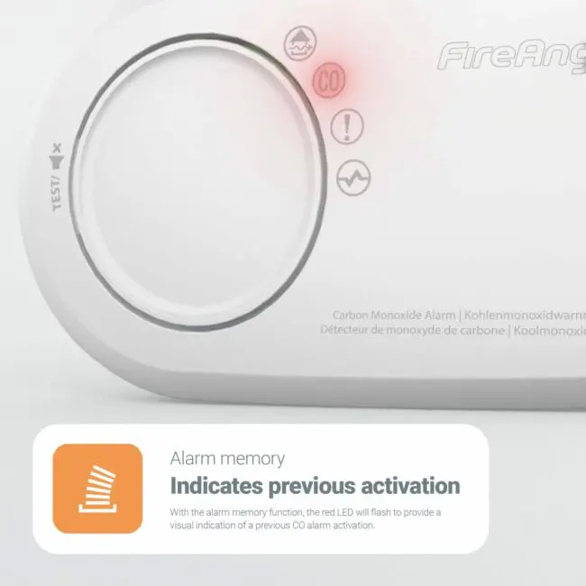 Close-up of FA3820-EUX10 carbon monoxide alarm with red CO warning and alarm memory.