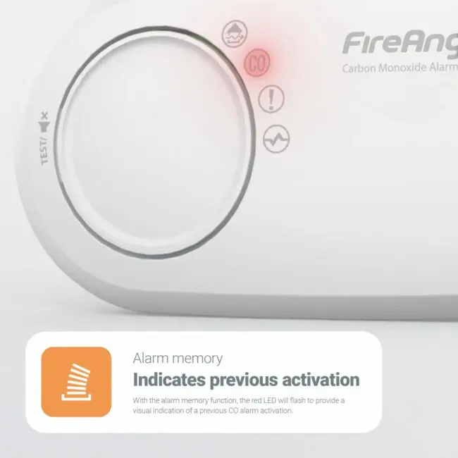 Close-up of FA3820X4 carbon monoxide alarm with red light showing previous activation.