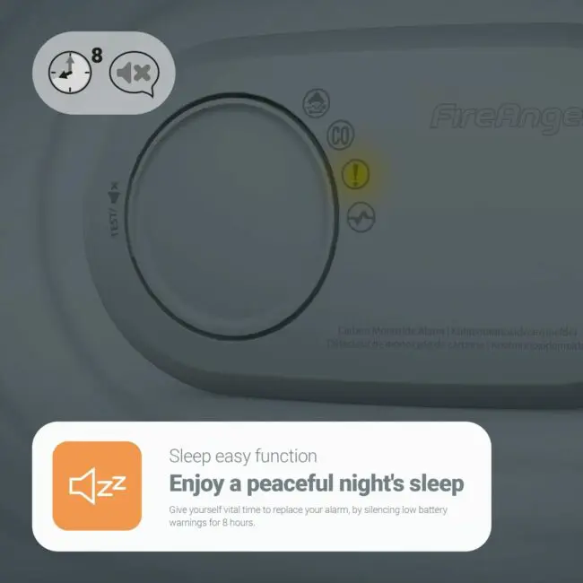 FA3820-EUX10 CO alarm with yellow warning light and sleep mode function message.