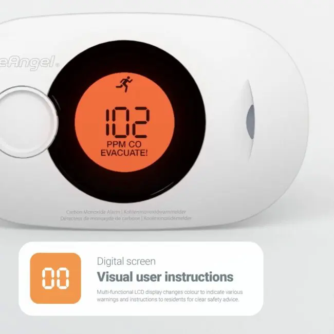 FA3322-EUX10 carbon monoxide alarm displays "102 PPM CO EVACUATE!" on its screen.