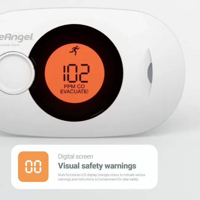 FA3322 shows "102 PPM CO EVACUATE!" alert in orange on its digital display.