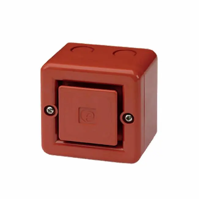 EXS230-1: Red wall-mounted switch with square centre button and two screws.