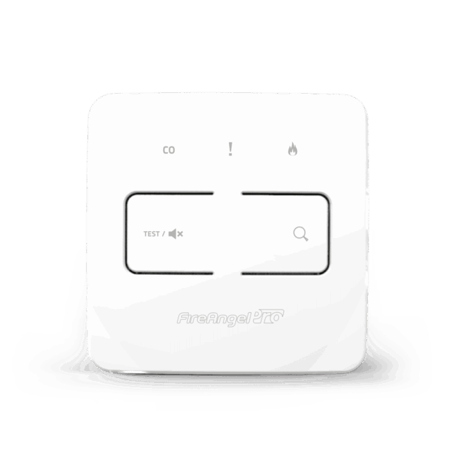 White FP1014W2-R alarm with smart control, labelled icons, and front panel buttons.