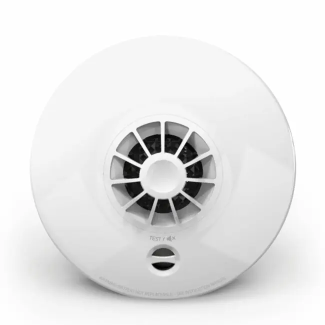 HM-SN-1 smoke detector, white with central black sensor and front test button.
