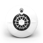White, round FireAngel HT-630 smoke detector with black vented centre, front view.