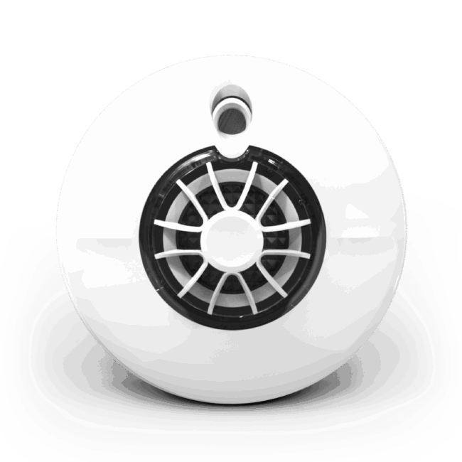 White, round FireAngel HT-630 smoke detector with black vented centre, front view.