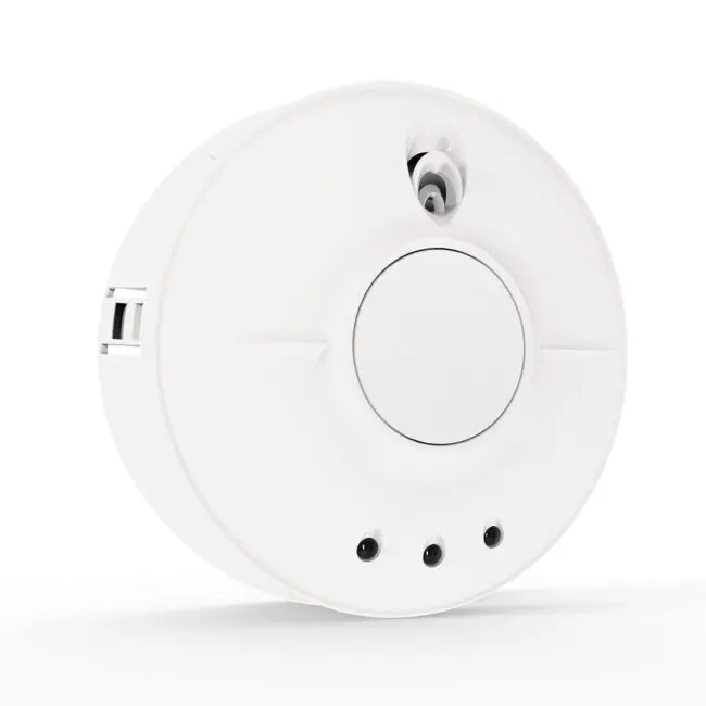 CW1-PF-T round white smoke detector with sensor and three indicator lights.