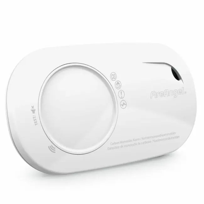 White FA3328-EUT CO alarm, round sensor, with a front test button.