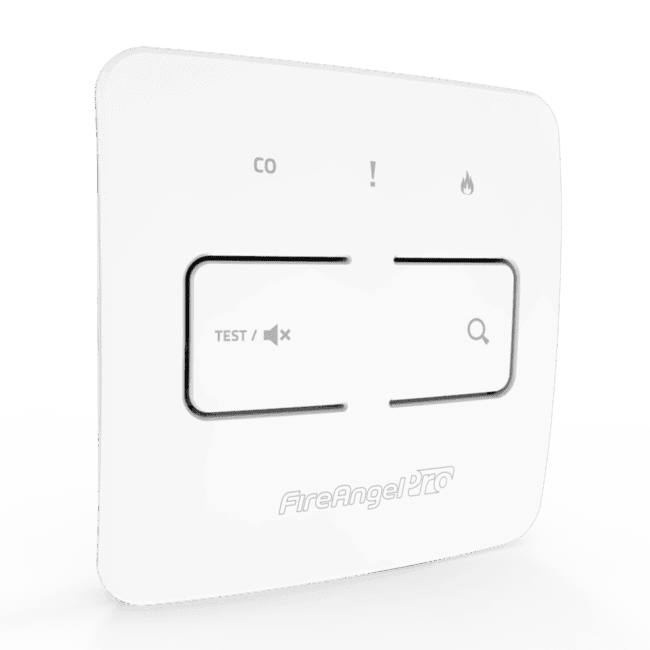 White FP1014W2-R alarm with smart switch, test/mute buttons, and indicator symbols.