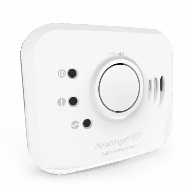 White FireAngel Pro FP1820W2-R carbon monoxide alarm with indicator lights and test button.