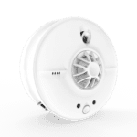 A HW1-PF-T white round smoke detector with central vent on a plain background.