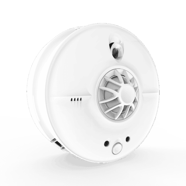 A HW1-PF-T white round smoke detector with central vent on a plain background.