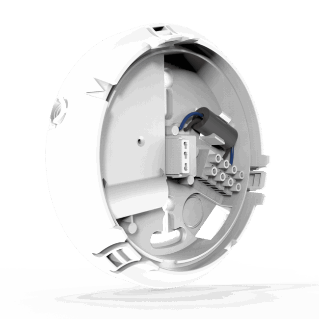 RF-BW-T white round casing open, revealing internal wiring and mounted components.