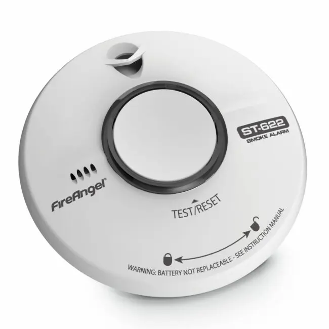 Round white ST-622T smoke alarm with a central test/reset button.