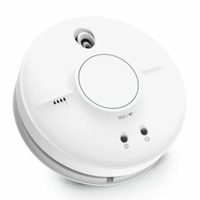 SW1-R white smoke detector with test button and LED indicator lights on a plain background.