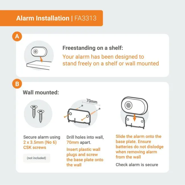 FA3313x4 installation guide: shelf and wall mounting steps with labelled diagrams.