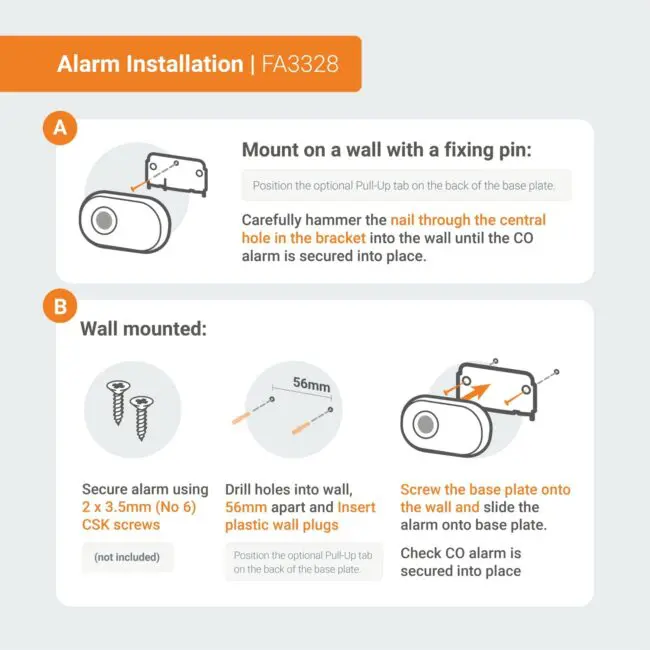 FA3328-EUT alarm guide with wall-mounting steps, diagrams, and instructions.
