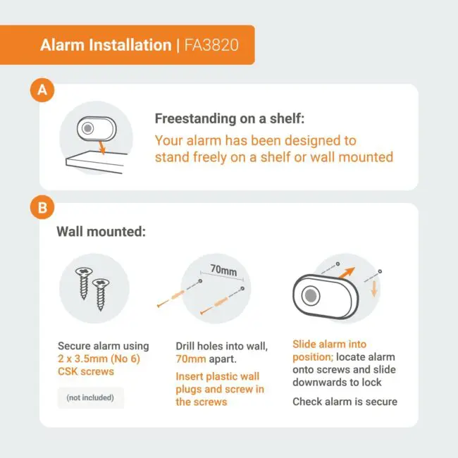 FA3820X4 alarm installation guide shows shelf/wall mounting steps and required tools.
