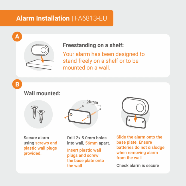FA6813 guide shows shelf and wall mounting steps with labelled diagrams and instructions.