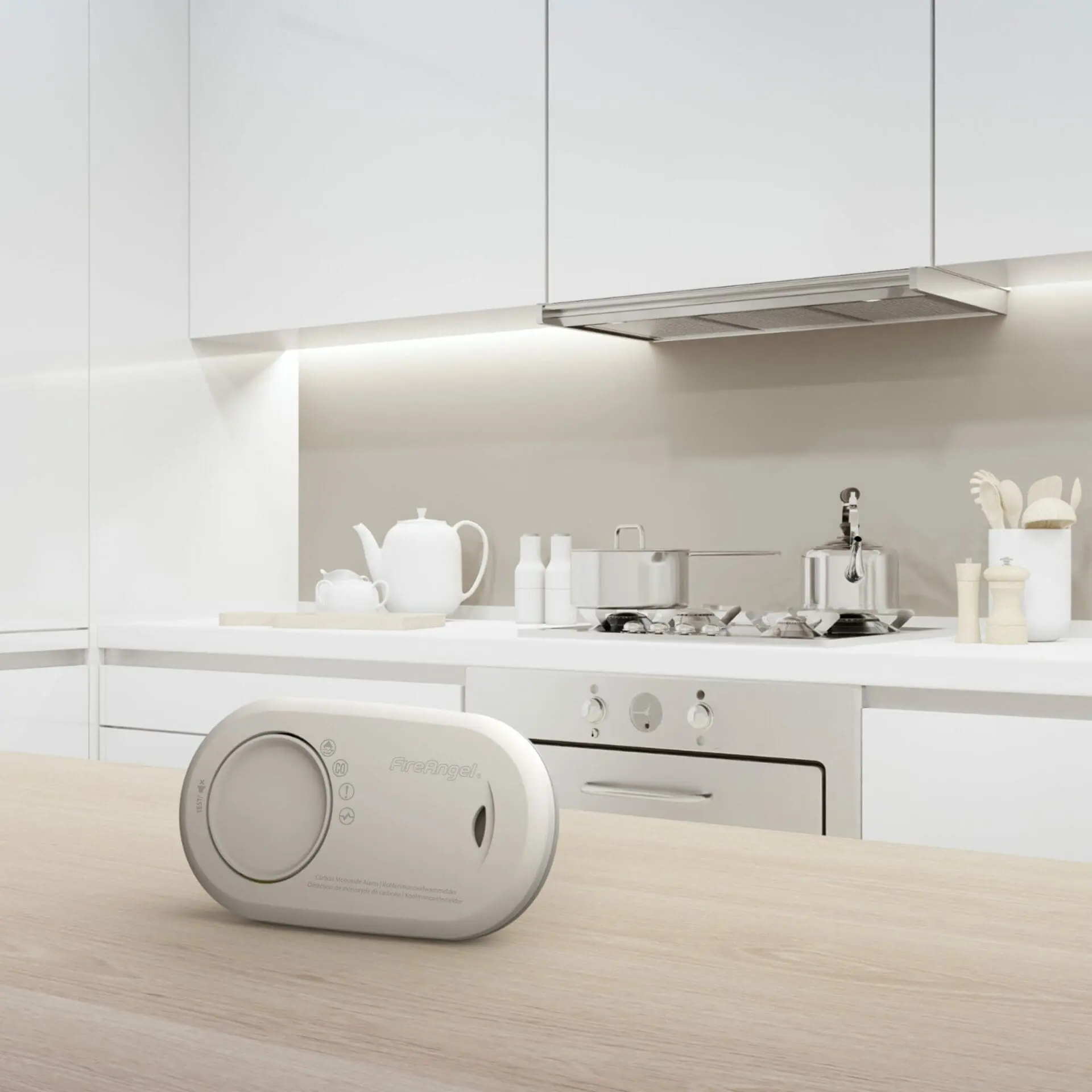 A modern white kitchen featuring the FA3820-EUX10 on the wooden worktop.
