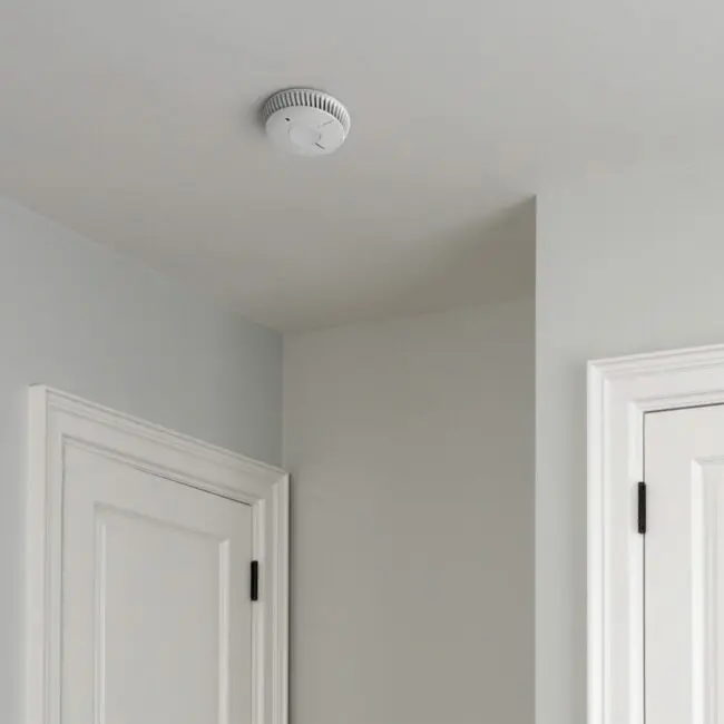 FA6620-R smoke detector on a white ceiling near two white door frames in a corner.