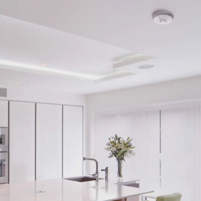 Modern white kitchen with FA6720-R island, vase of flowers, and bright natural light.