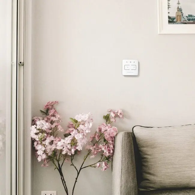 Pink flowers in vase beside grey sofa and FP1014W2-R switch on beige wall.
