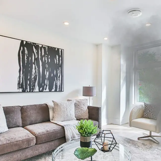Smoke fills a modern living room as the FP1640W2-R smoke detector activates on the ceiling.