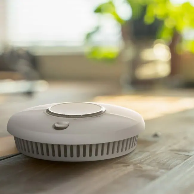 An SCB10-R alarm rests on a wooden table with blurred plants in the background.