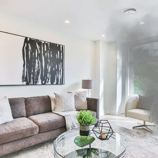 SM-SN-1 smoke fills a modern living room with a sofa and large abstract painting.