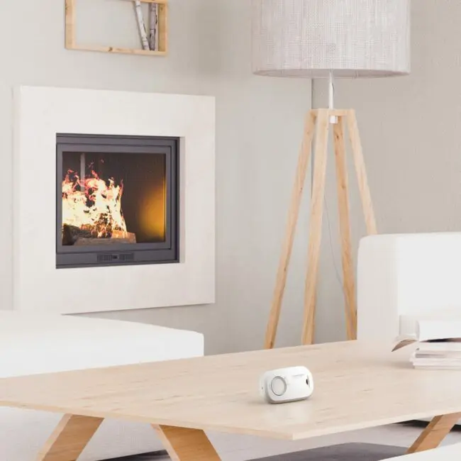 Modern living room with a fireplace, standard lamp, and FA3313x4 on a wooden coffee table.