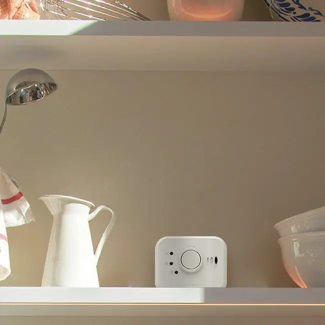 A white FS1326-T carbon monoxide detector sits on a kitchen shelf near crockery and a jug.