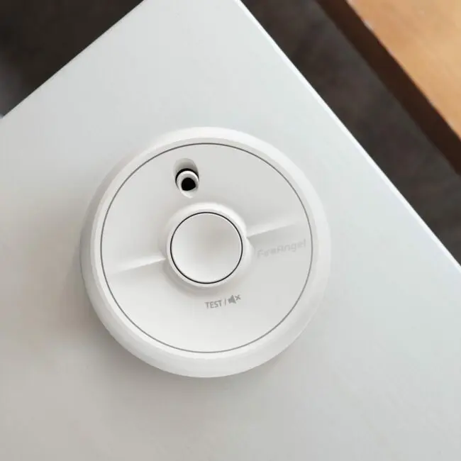 SB1-R white round smoke detector on ceiling, labelled FireAngel and Test.