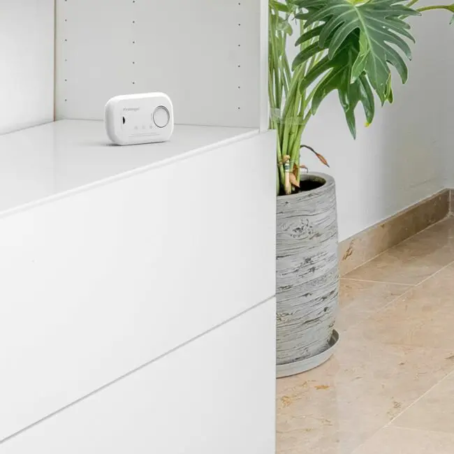 An FA6813 sits on a white cupboard next to a potted plant indoors.