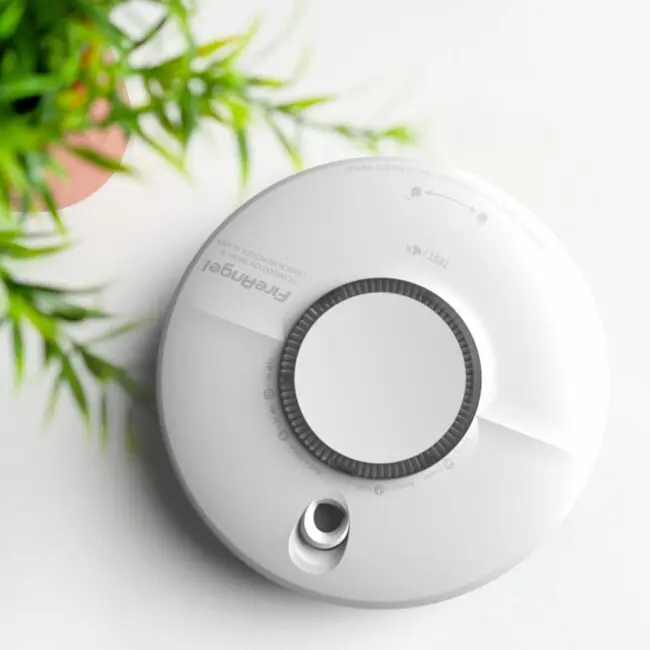 SCB10-R smoke and CO alarm on a white surface with green leaves in the upper left corner.