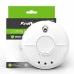 CW1-PF-T carbon monoxide alarm in front of its FireAngel branded packaging.