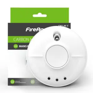 CW1-PF-T carbon monoxide alarm in front of its FireAngel branded packaging.
