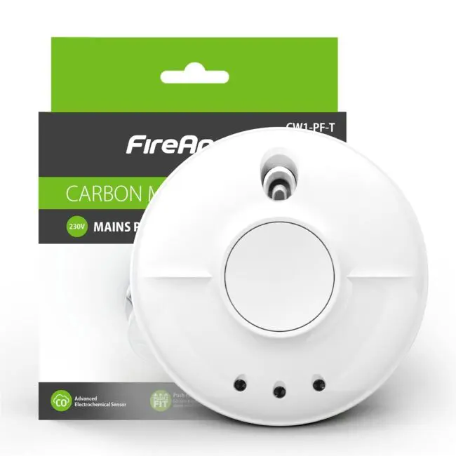 CW1-PF-T carbon monoxide alarm in front of its FireAngel branded packaging.