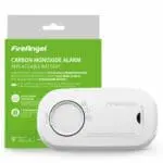 FA3313-EUX10 CO alarm with packaging, replaceable battery, and green label.