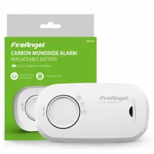 FA3313x4 carbon monoxide alarm with packaging, highlighting the replaceable battery feature.