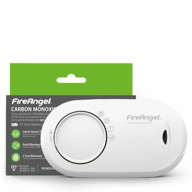 White FA3820-EUX10 carbon monoxide alarm with green and white packaging.
