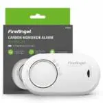 FA3820X4 carbon monoxide alarm with 10-year lifespan in front of green and white packaging.