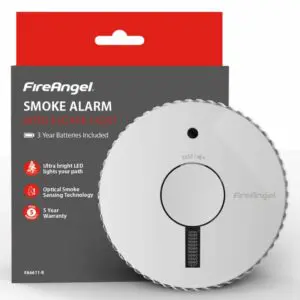 FA6611-R smoke alarm with escape light, shown in front of its packaging.