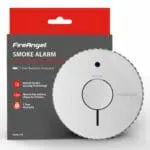 FA6615-R smoke alarm with optical sensor and 5-year battery, shown in front of packaging.