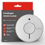 FA6620-R smoke alarm with optical sensor in front of its red and grey packaging.