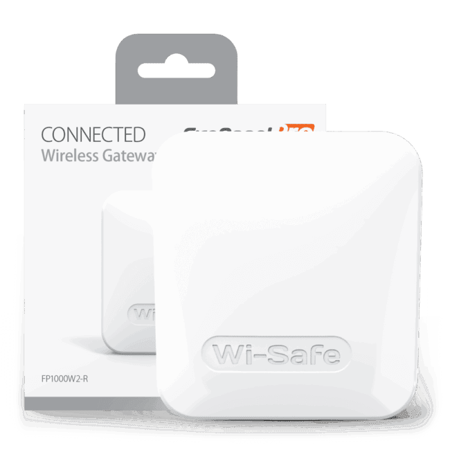 FP1000W2-R Wi-Safe wireless gateway shown in front of its packaging box.