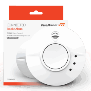 FP1640W2-R smoke alarm shown with its packaging in the background.
